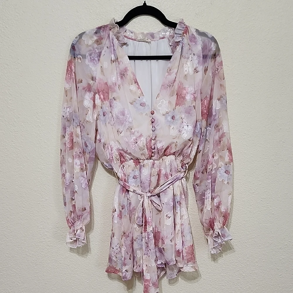 Lena Floral Romper with Tie Front and Ruffle Details - Picture 1 of 16